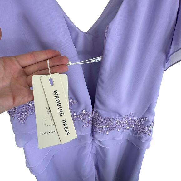 NWT Lilac Layered Chiffon Flutter Sleeve Embroidered Sequin Wedding Dress 16W - Picture 7 of 9